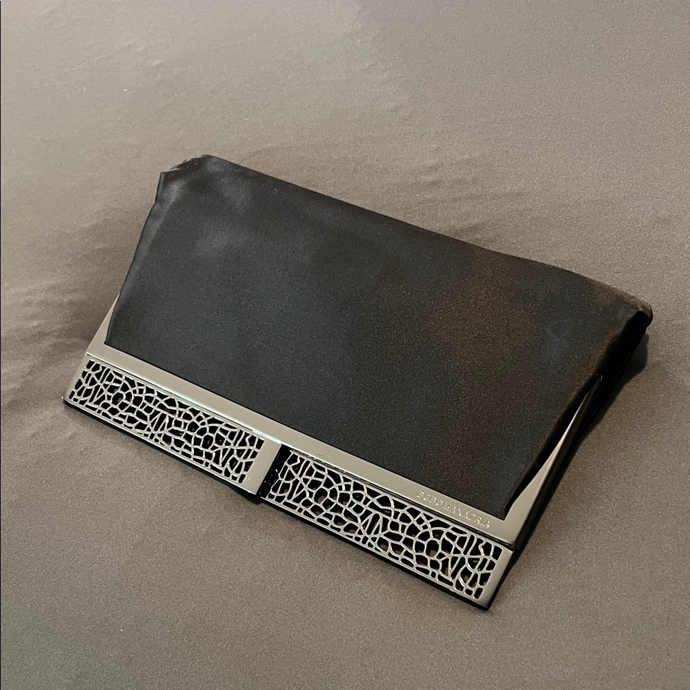BCBGMaxAzria Black Satin & Gunmetal Foldover Clutch